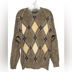 Vintage Gulf Traders Men’s Argyle Crewneck Sweater Large Brown Cream Navy Cotton